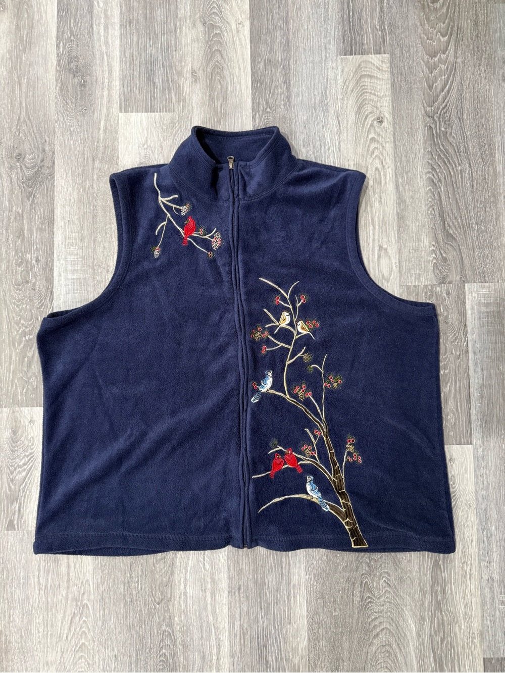 Vintage Women's Baxter & Wells Navy Cottagecore Fleece Vest with Bird Embroidery